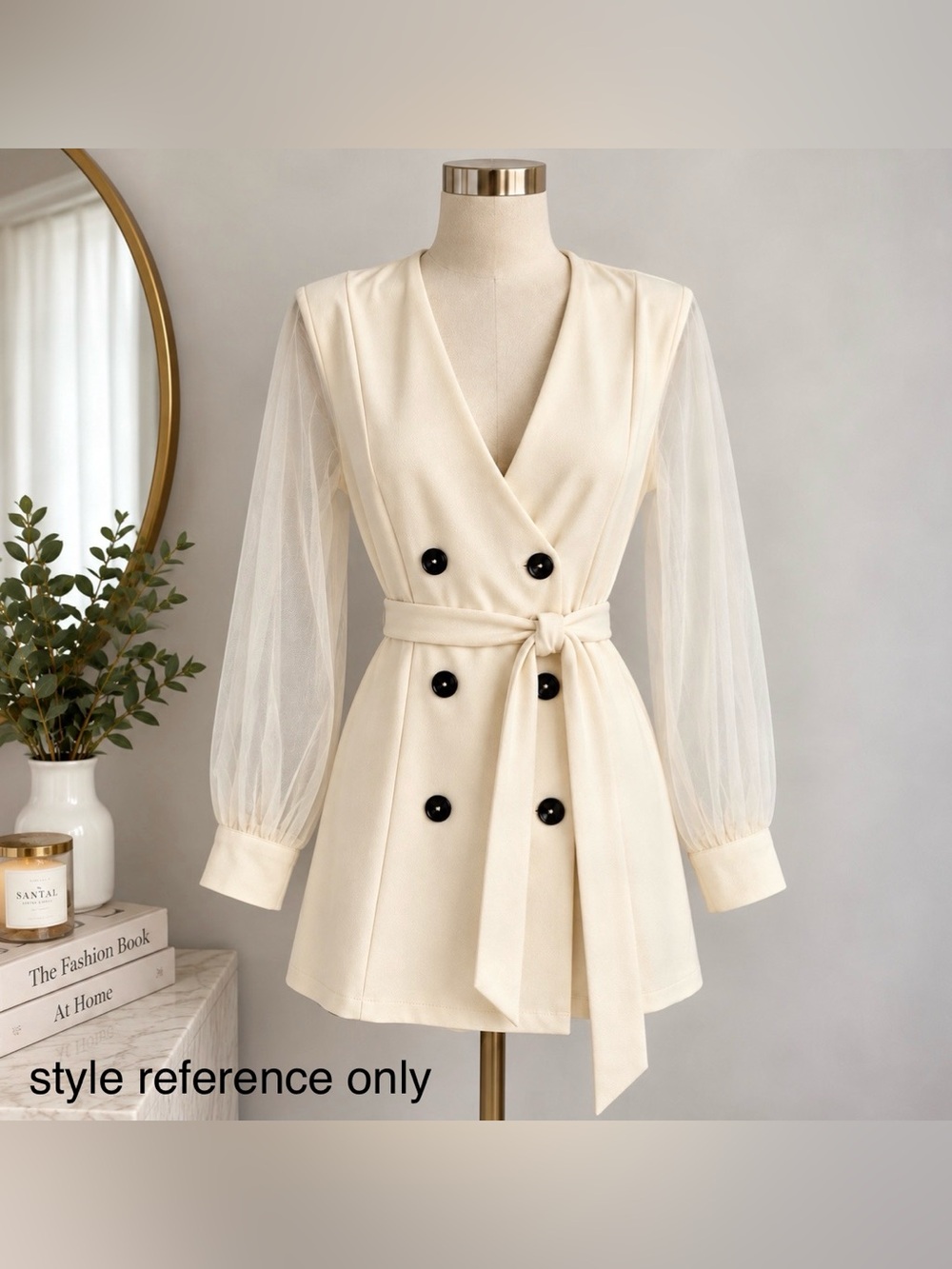 Cream Blazer Sheer Sleeve Belted Blouse | Size M